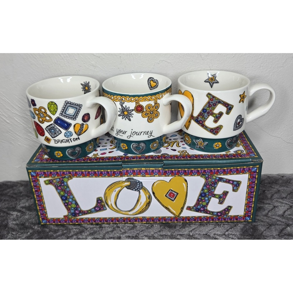 *NEW in Box Brighton Specialty Mug Set of 3 Cups Multi Color Gemstones Novelty